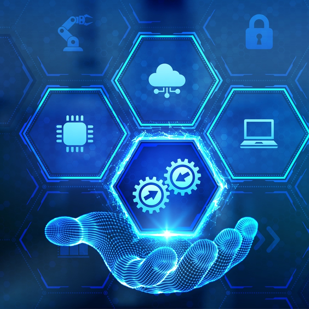 A wireframe hand illustrating the concept of System Integration technology, representing industrial, smart technology, business, and automation solutions.