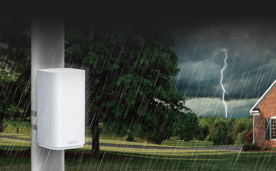 ZenWiFi BD5 Outdoor in rain with nearby lightning, highlighting ESD, surge protection, and IP65-rated durability.