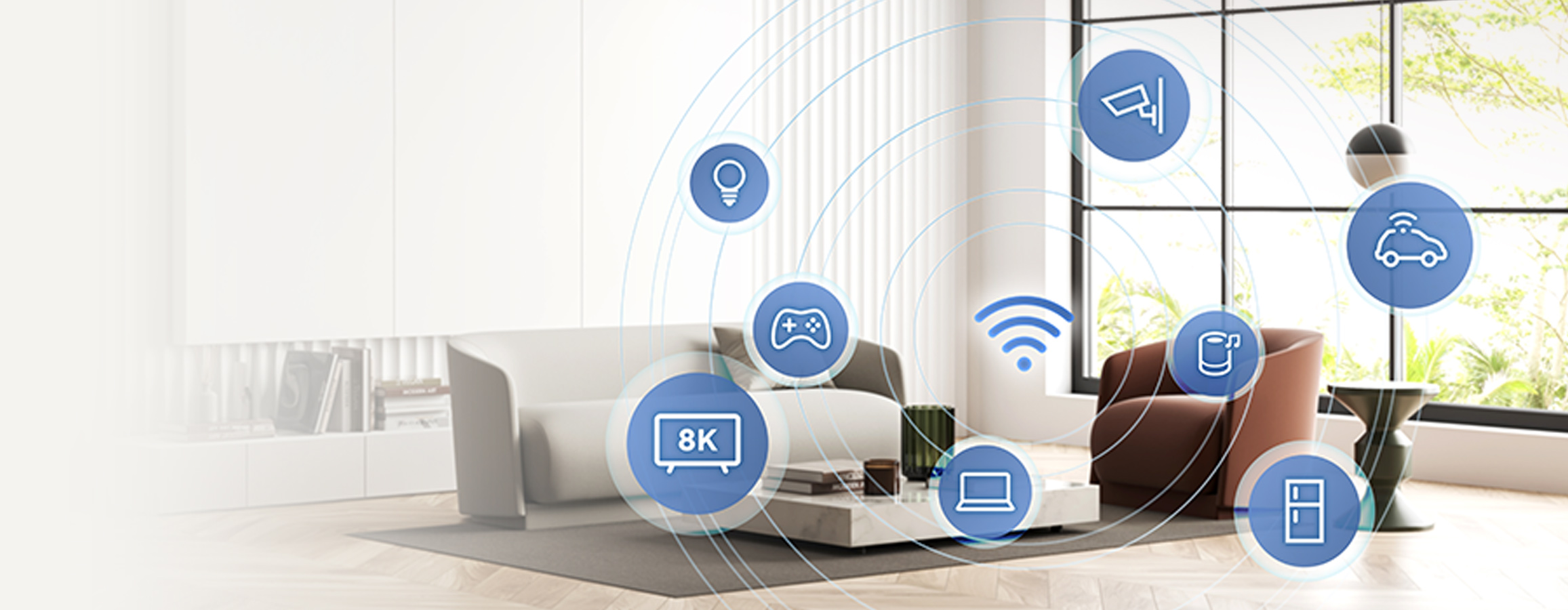 Modern living room with various smart home device icons connected through a central WiFi symbol.