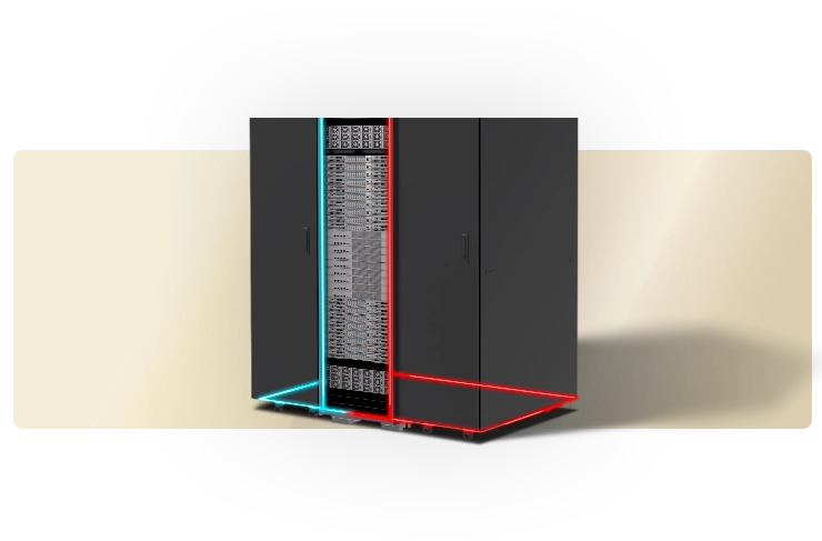 One NVIDIA GB200 nvl72 is connected to two CDUs (Cooling Distribution Units), with hot and cold water pipelines linked between them.