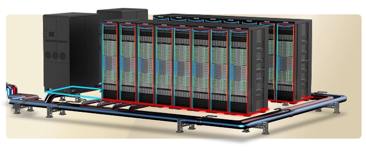 Sixteen rack of NVIDIA GB200 nvl72 are connected to two CDUs (Cooling Distribution Units), with hot and cold water pipelines linked between them.