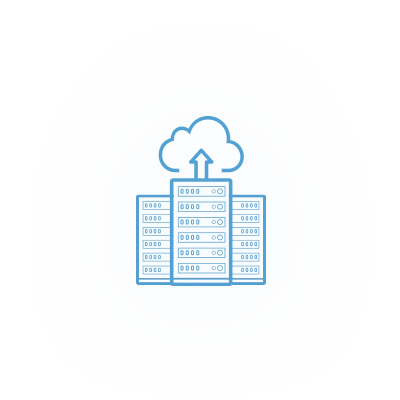 Three racks connected to a cloud above them.