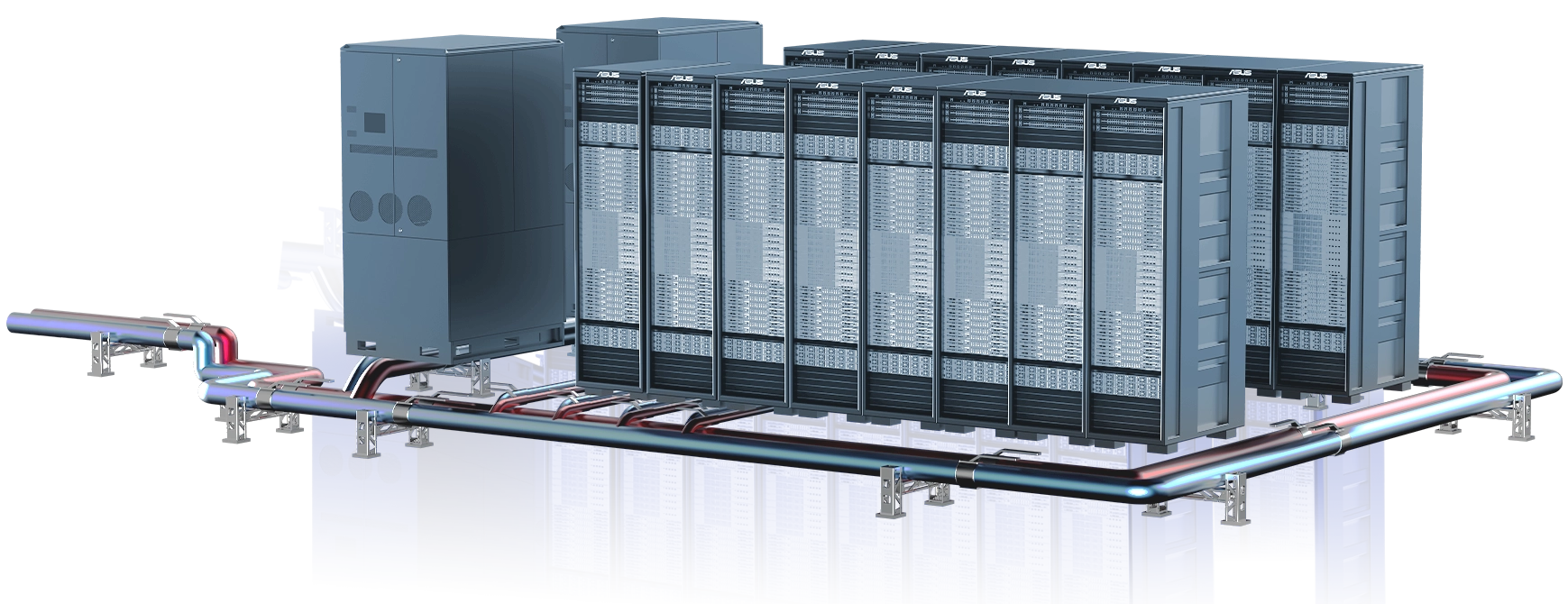 Sixteen rack of NVIDIA GB200 nvl72 are connected to two CDUs (Cooling Distribution Units), with hot and cold water pipelines underneath