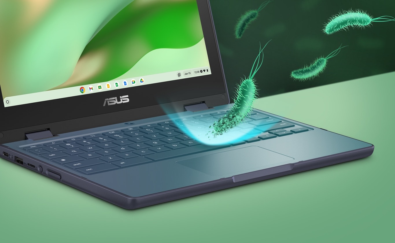 A side view of ASUS Chromebook CR11 Flip in laptop mode showing its keyboard with 3D images of bacteria bouncing off it, to show the effect of ASUS Antimicrobial Guard.