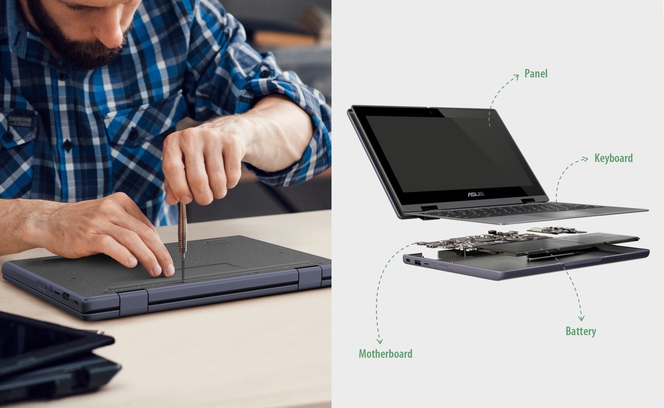 De foto links toont een man die een schroevendraaier gebruikt om de schroef onderaan de ASUS Chromebook CR11 Flip te verwijderen op een tafel