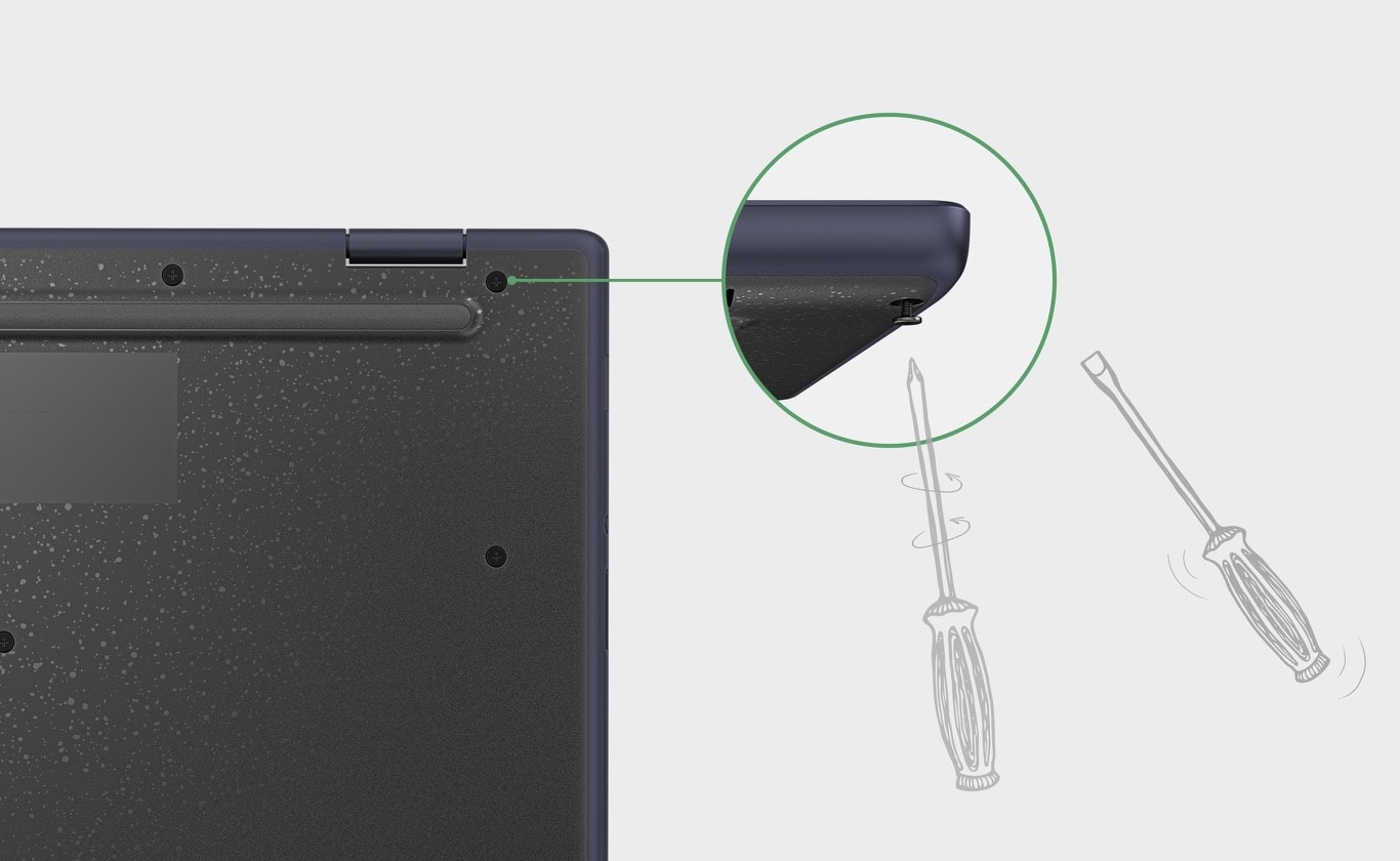 $$$Spodní část modelu ASUS Chromebook CR11 Flip je zobrazena s detailním záběrem otvorů pro šrouby, vedle dvou ručně nakreslených šroubováků.