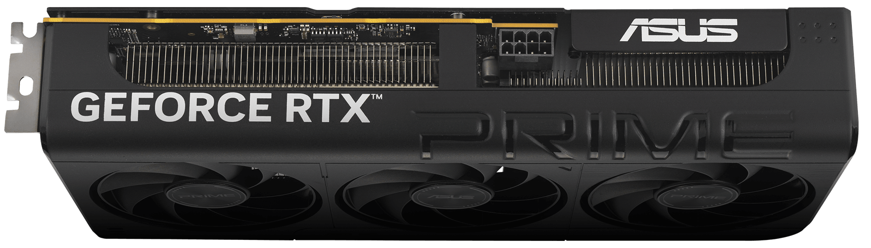 Vista angular de cima para baixo do ângulo de herói da placa de vídeo Prime GeForce RTX 5060