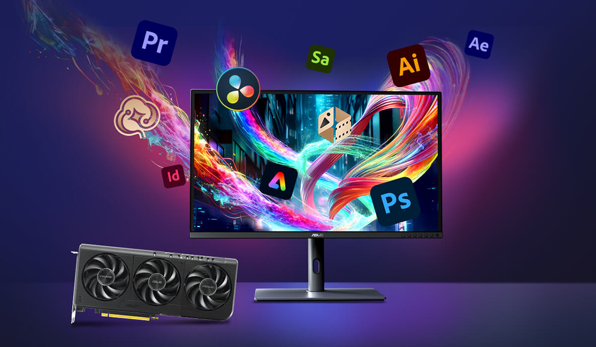 Monitor em uma mesa, com logotipos de produtos da Adobe flutuando ao redor do monitor