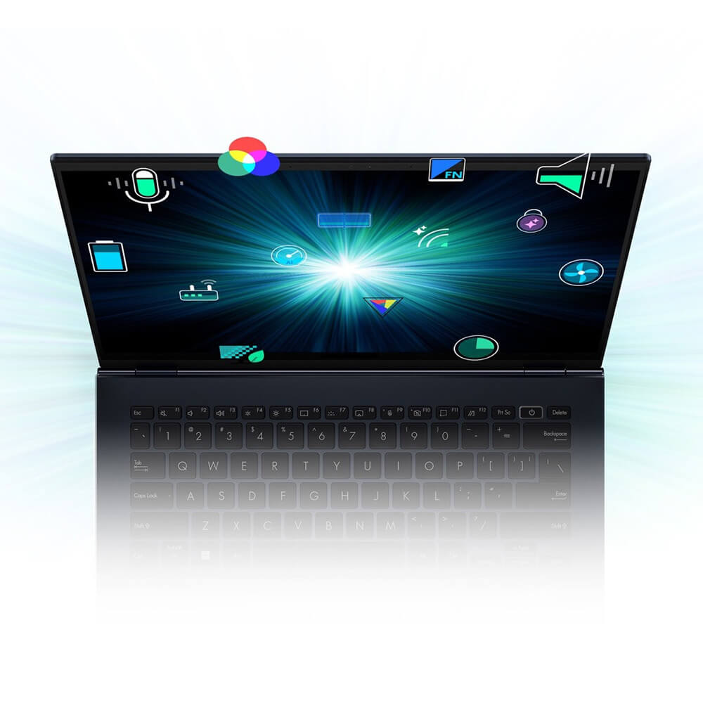 Un ordinateur portable vu de face avec un graphique en forme d'étoile sur l'écran entouré d'icônes d'applications.