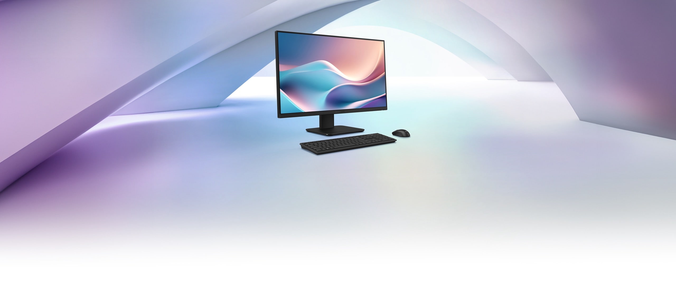 An ASUS ExpertCenter P400 AiO and keyboard and mouse are placed against a pastel-colored background.