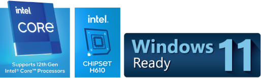 Core i9-processor pictogram, Intel H610-chipset pictogram, Windows 11 pictogram