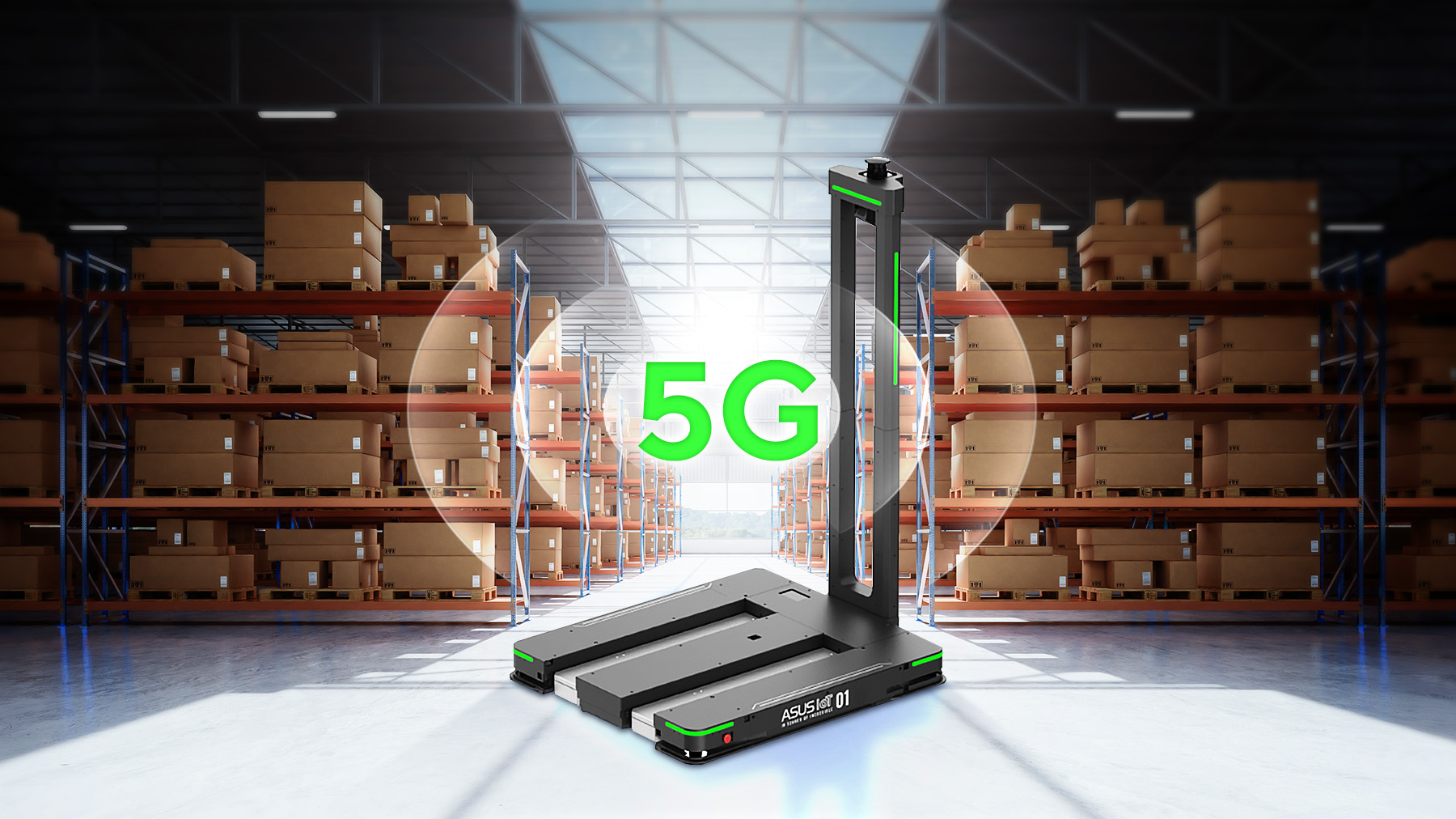 An autonomous mobile robot featuring the ASUS IoT logo and a prominent green 5G icon, operating in a warehouse filled with stacked boxes