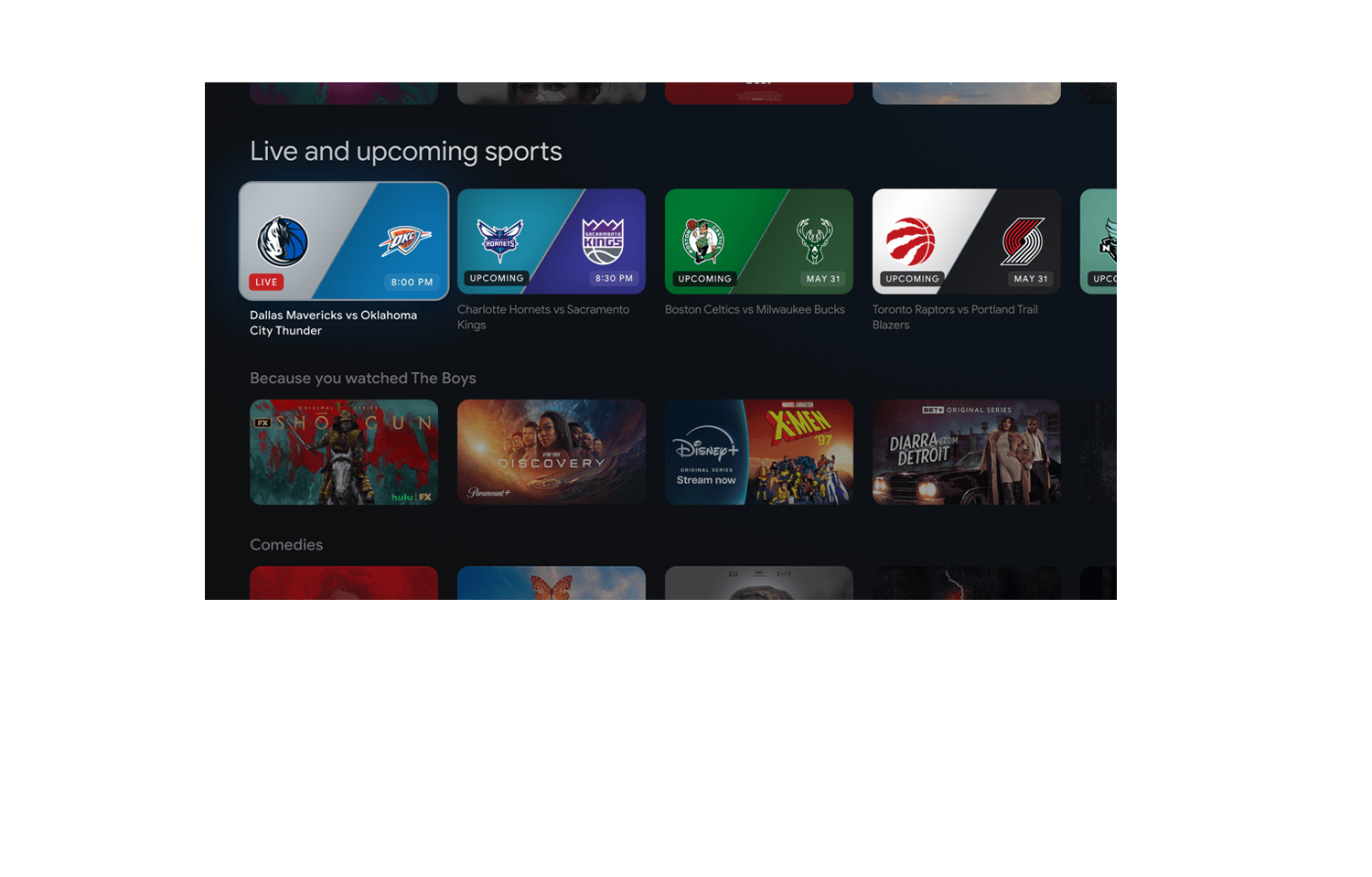 Interface shows the the Google TV Sports feature