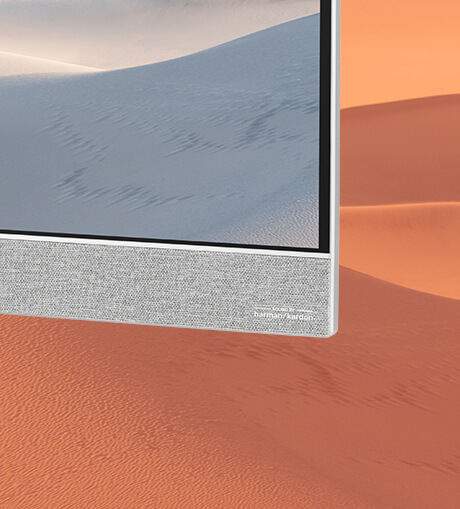 Close-up on the built-in speaker, showcasing the Harman Kardon logo.