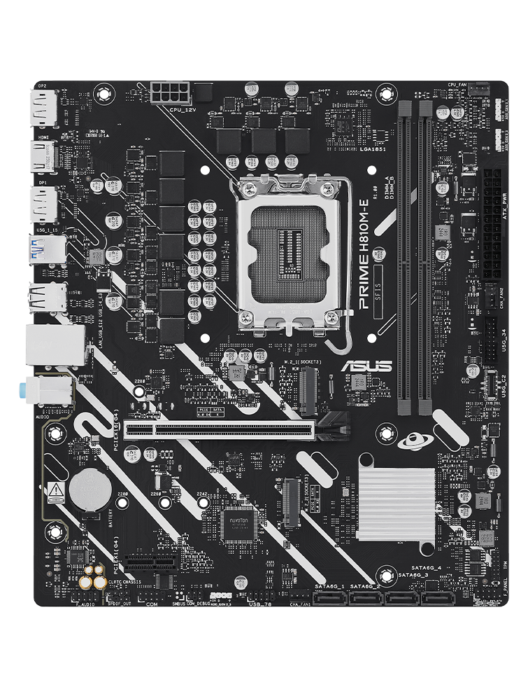 PRIME H810M-E motherboard front view, floating in space.