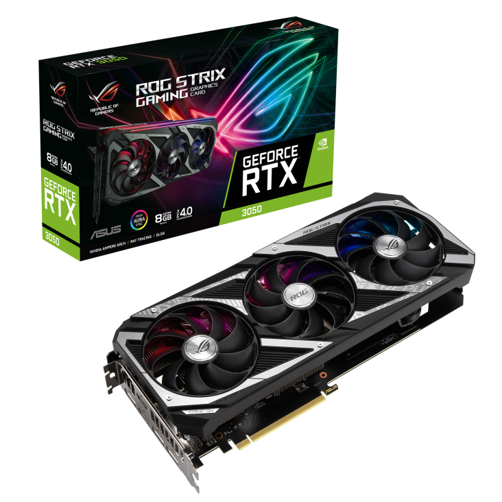 ROG Strix GeForce RTX™ 3050 graphics card and packaging
