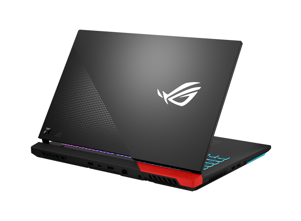 Off center rear view of the ROG Strix G17 Advantage Edition, with the lid half open.