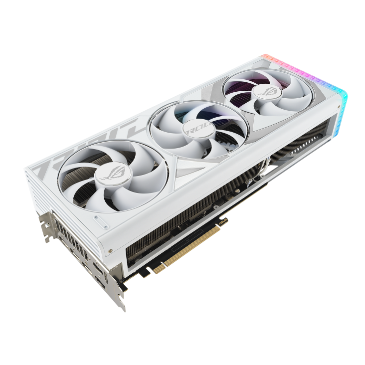 Front angled view of the ROG Strix GeForce RTX4080 SUPER White edition graphics card2