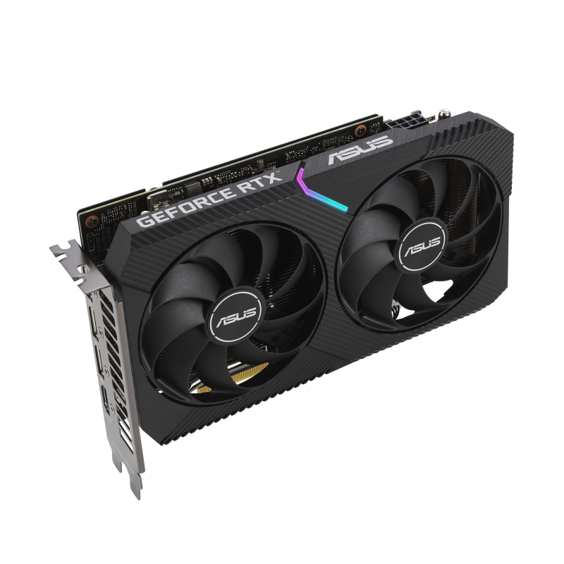 Dual GeForce RTX 3060 graphics card, angled forward view, shocasing the ARGB element