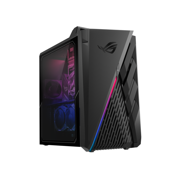 ROG Strix GT35 desktop tilted to the right with a transparent case revealing the internal structure of the computer.