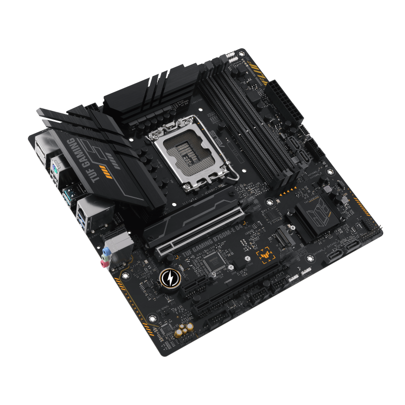 TUF GAMING B760M-E D4 mặt trước, nghiêng 45 độ