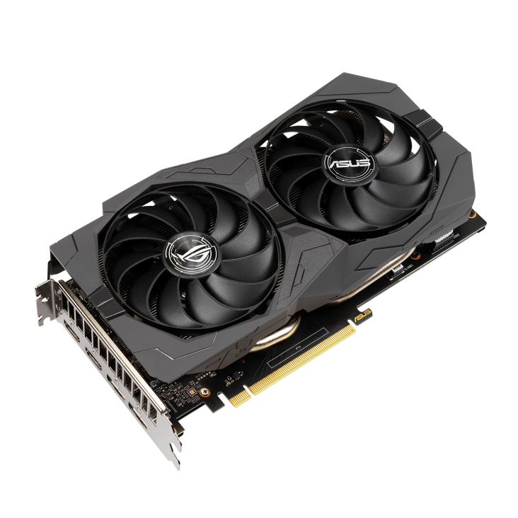 ROG-STRIX-GTX1650-O4GD6-GAMING graphics card, front angled view