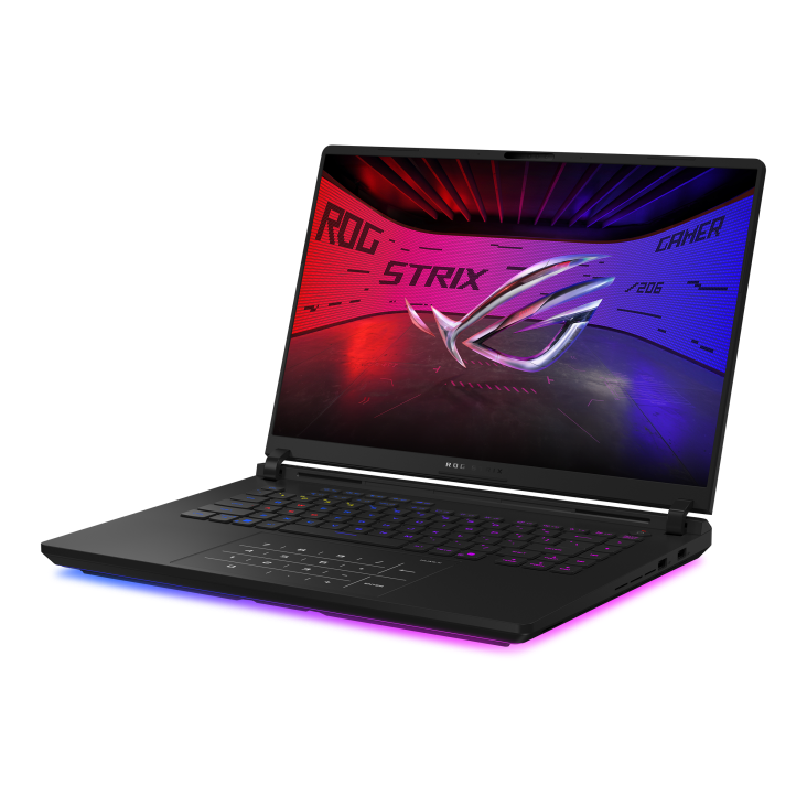 Off center shot of the front of the Strix SCAR 18, with the ROG Fearless Eye logo on screen