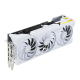 TUF Gaming GeForce RTX 4070 Ti white graphics card angled top down view, highlighting the fans, ARGB element, and IO ports