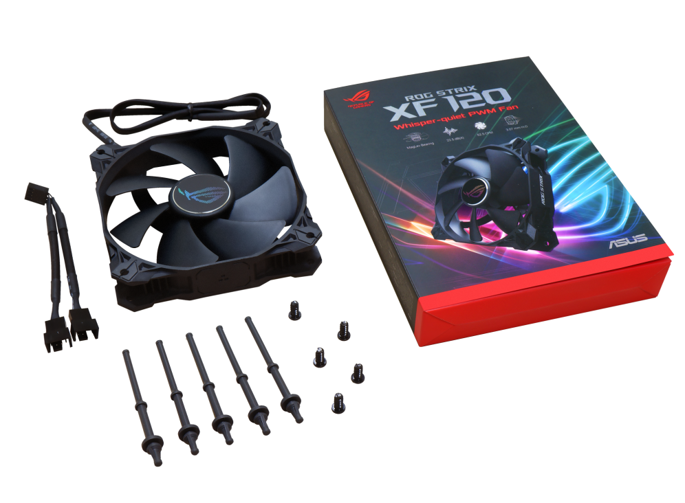 ROG STRIX XF 120 front view with what’s in the box