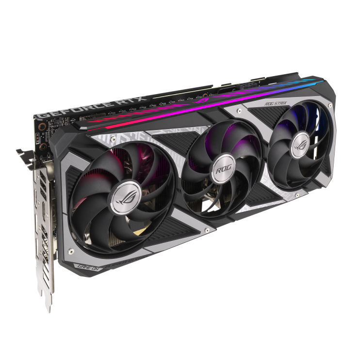 ROG-STRIX-RTX3060-O12G-V2-GAMING graphics card, angled top down view, highlighting the fans, ARGB element,