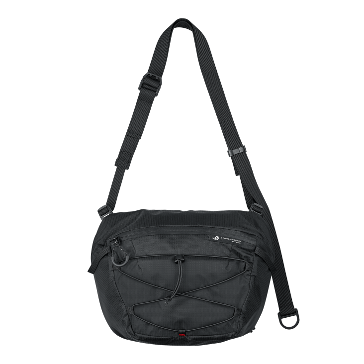 Versatile ROG sling bag with a single shoulder strap, suitable for carrying gaming gear and accessories