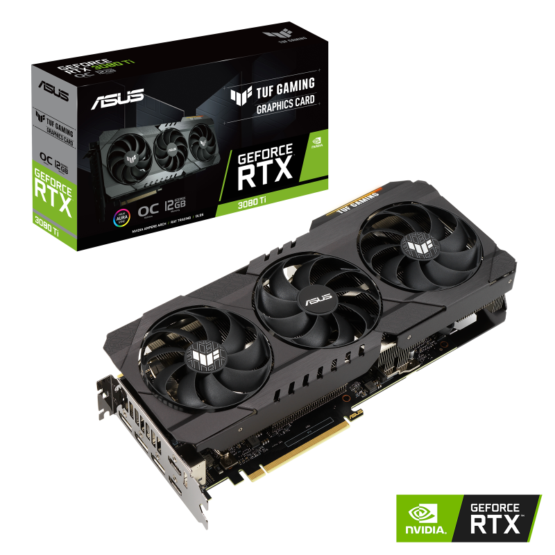 TUF Gaming GeForce RTX 3080 Ti OC Edition Packaging and graphics card with NVIDIA logo