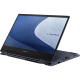 An angled front view of an ASUS ExpertBook B5 Flip in stand mode with a stylus half inserted in the garage.