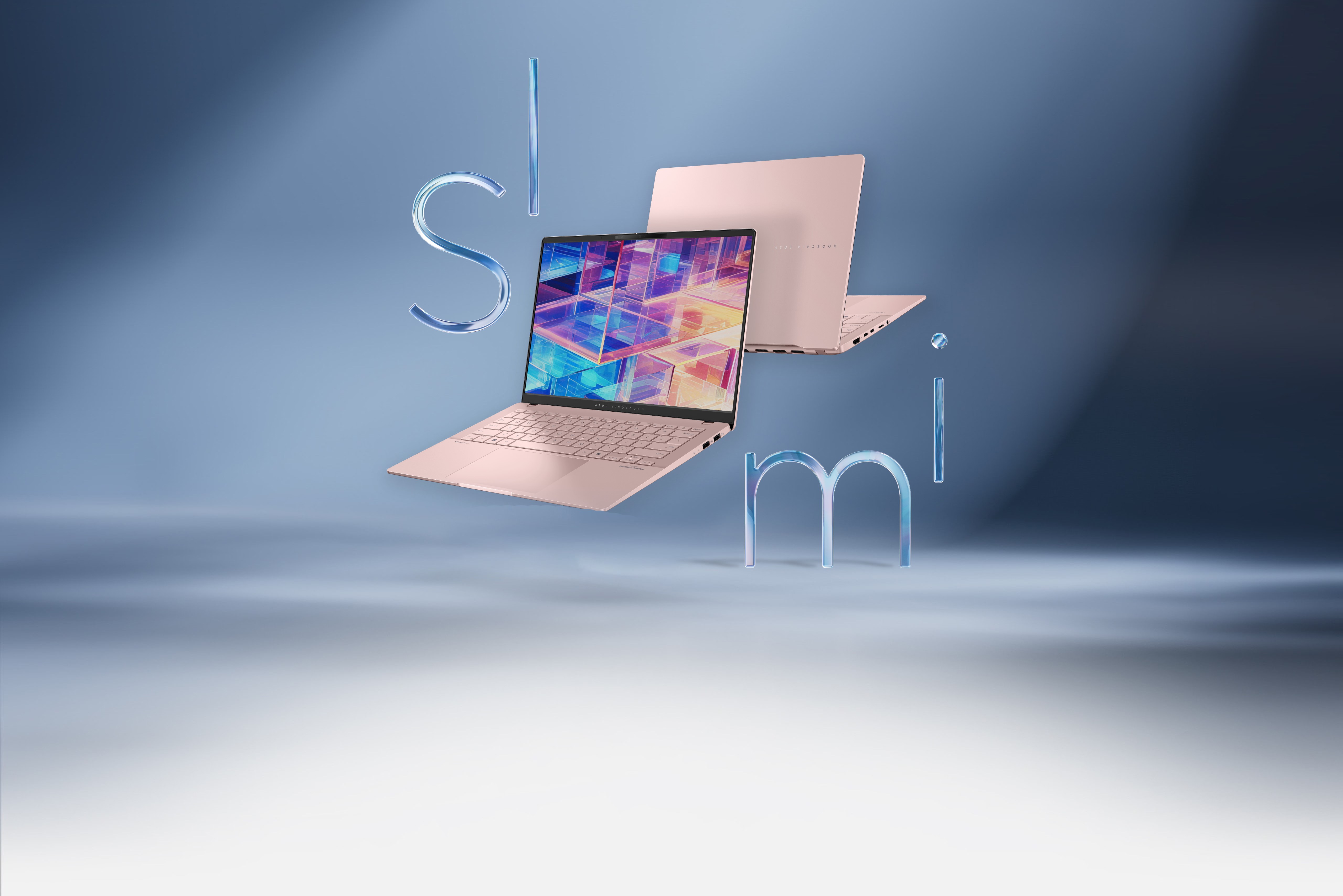 Two ASUS Vivobook S 14 OLED laptops floating in the air. There is a translucent thin ribbon material on the back of two laptops that says “Slim” along with an Evo badge by its side.
