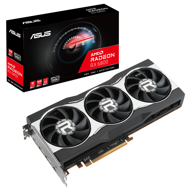 ASUS Radeon™ RX 6800 packaging and graphics card with AMD logo