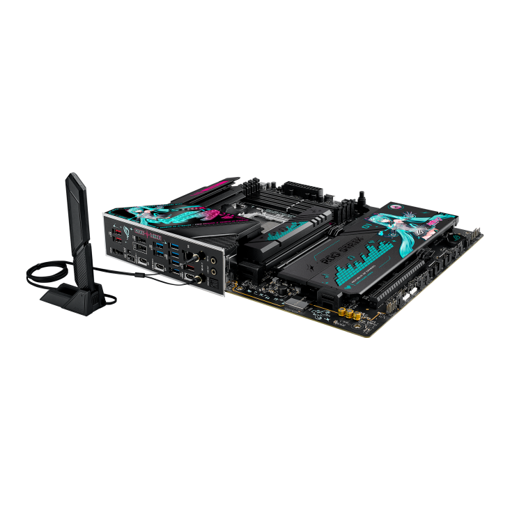 ROG STRIX X870E-H GAMING WIFI7 HATSUNE MIKU EDITION lie flat, viewed from the I/O ports side, with WIFI Q-Antenna