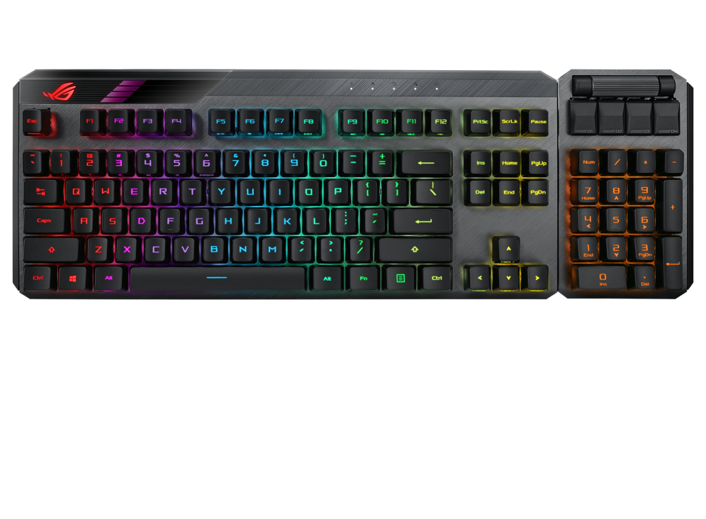 ROG Claymore II front angled view, without wrist rest