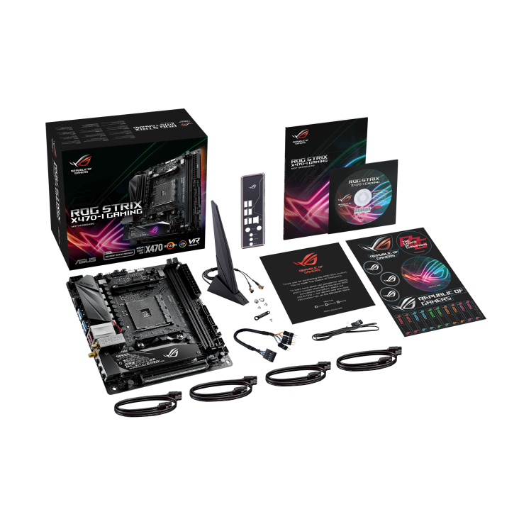 ROG STRIX X470-I GAMING GAMING top view with what’s inside the box