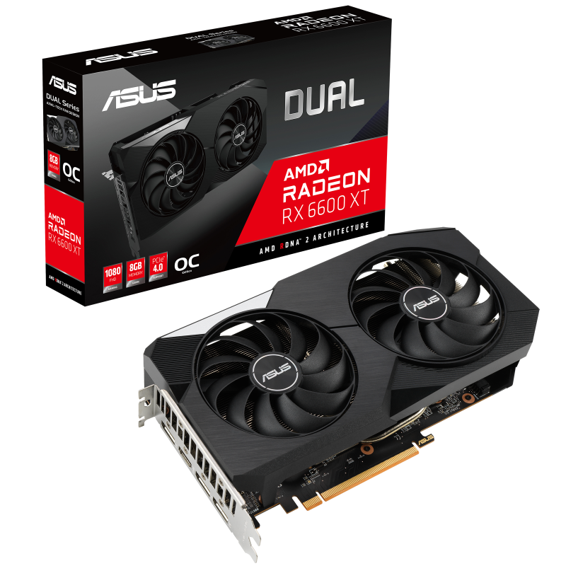 Dual Radeon RX 6600 XT OC Edition packaging and graphics card with AMD logo