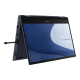 An angled front view of an ASUS ExpertBook B5 Flip in tent mode with a stylus half inserted in the garage.
