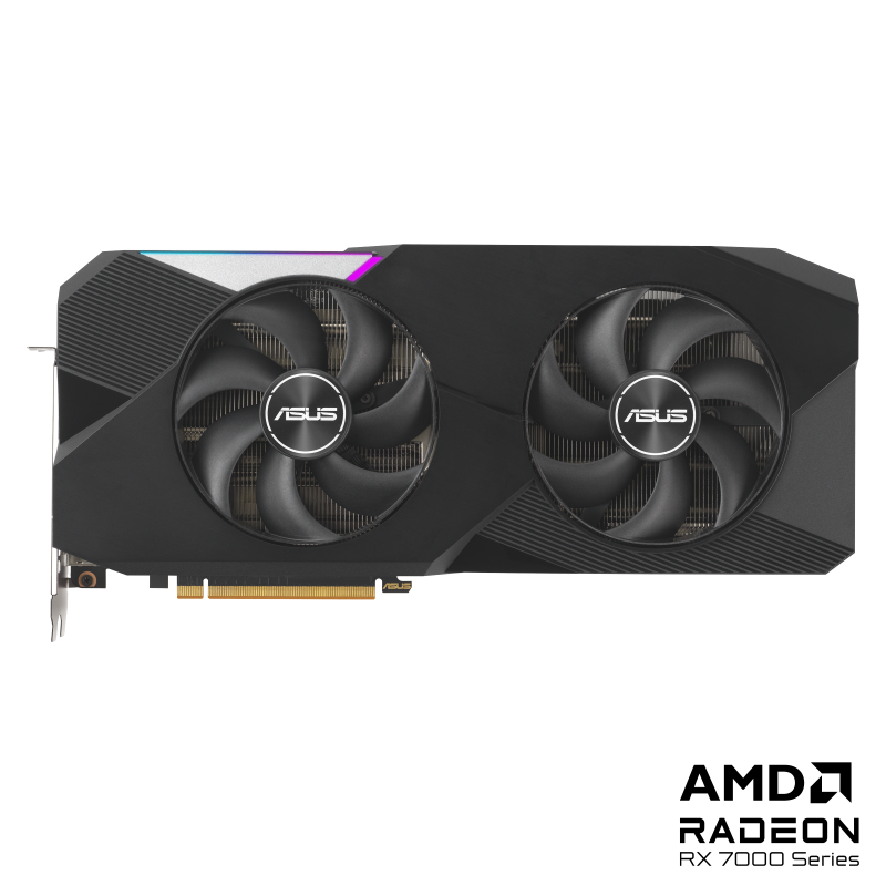 ASUS Dual Radeon RX 7900 XTX front view of the with black AMD logo