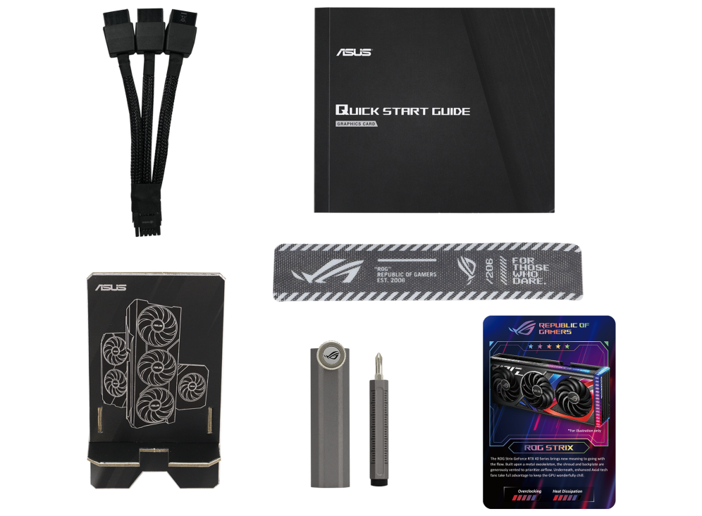 ROG Strix GeForce RTX 4070TI graphics card showcasing the accessories