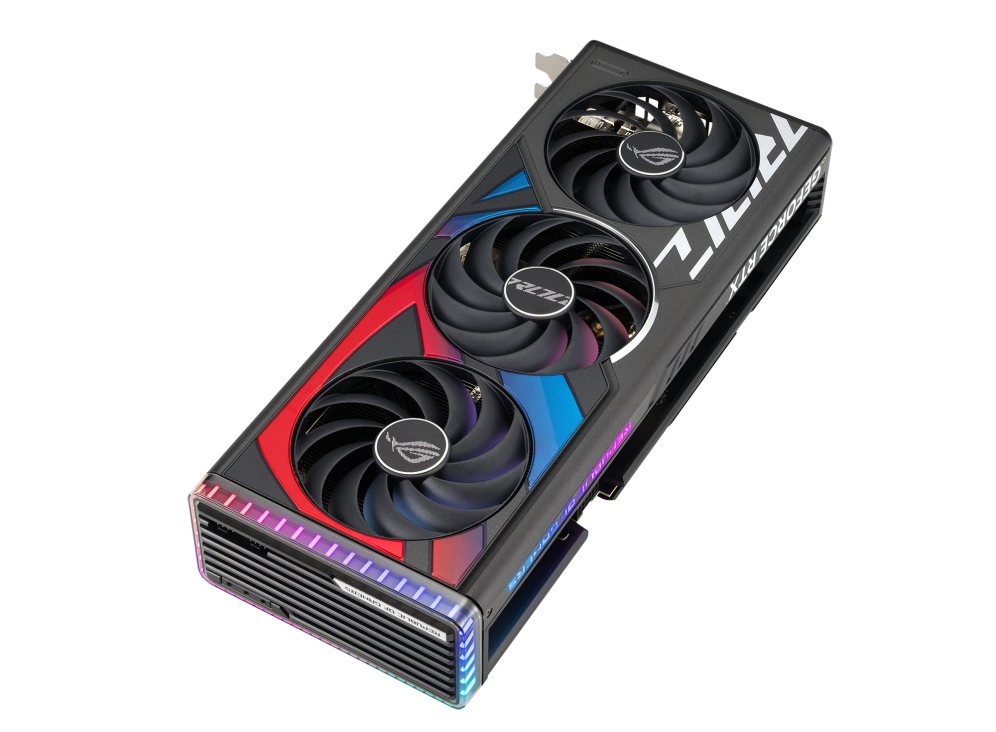 ROG Strix GeForce RTX 4070TI graphics card highlighting the axial-tech fans and ARGB element