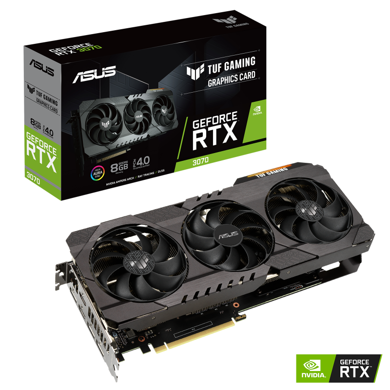 TUF Gaming GeForce RTX 3070 Packaging and graphics card with NVIDIA logo