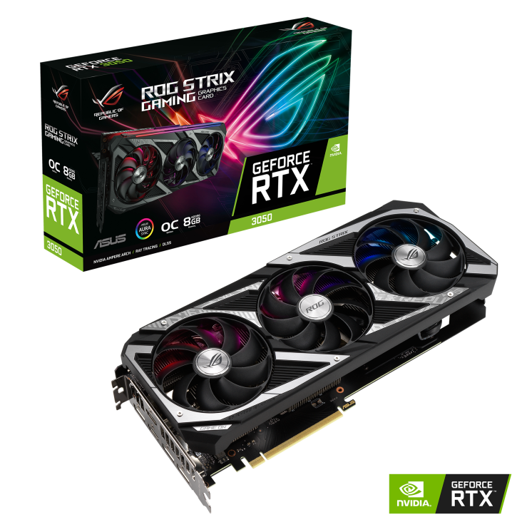 ROG Strix GeForce RTX™ 3050 OC Edition graphics card and packaging with NVIDIA logo