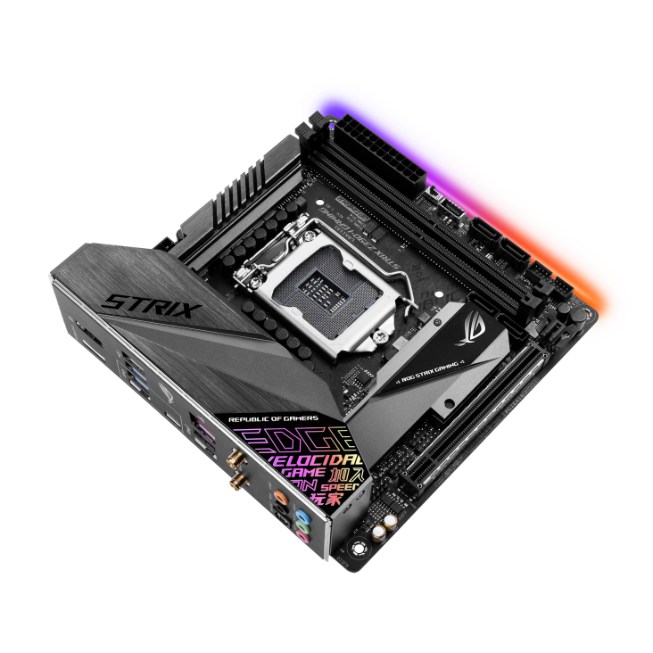 ROG STRIX Z390-I GAMING top and angled view from left