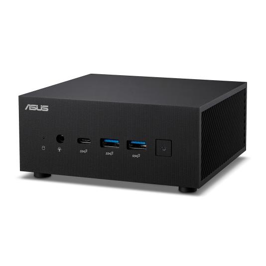 Een ASUS ExpertCenter Mini PC wordt getoond onder een lichte hoek, tegen een witte achtergrond.