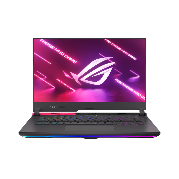 Off center front view of the Electro Punk ROG Strix G15, with the NumberPad and keyboard illuminated and ROG logo on screen.