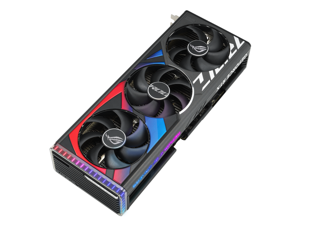 Highlighting the axial-tech fans and ARGB element of the ROG Strix GeForce RTX 4090 graphics card