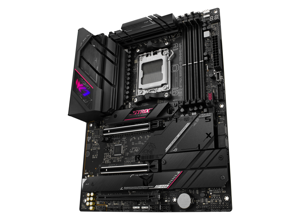 ROG STRIX B650E-E GAMING WIFI angled view from right